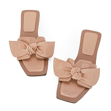 LAICIGO Women's Square Open Toe Slide Sandals Bowknot Slip-on Backless Faux Suede Summer Flats Sandals