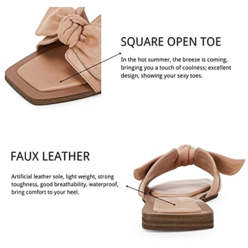 LAICIGO Women's Square Open Toe Slide Sandals Bowknot Slip-on Backless Faux Suede Summer Flats Sandals