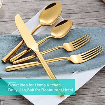 Flatasy Silverware Set Gold Brass Heavy Vintage Flatware 20 Pieces Hexagon Handle Stainless Steel Cutlery Set Spoons Forks and Knives Service for 4