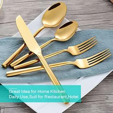 Flatasy Silverware Set Gold Brass Heavy Vintage Flatware 20 Pieces Hexagon Handle Stainless Steel Cutlery Set Spoons Forks and Knives Service for 4