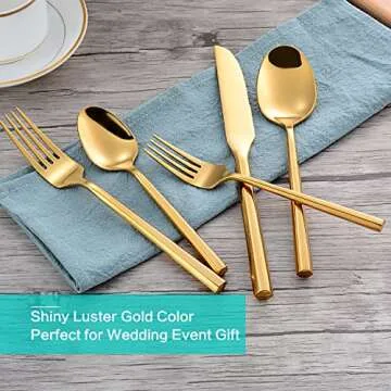 Flatasy Silverware Set Gold Brass Heavy Vintage Flatware 20 Pieces Hexagon Handle Stainless Steel Cutlery Set Spoons Forks and Knives Service for 4