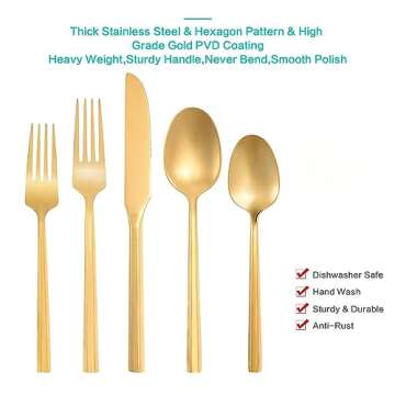 Flatasy Silverware Set Gold Brass Heavy Vintage Flatware 20 Pieces Hexagon Handle Stainless Steel Cutlery Set Spoons Forks and Knives Service for 4