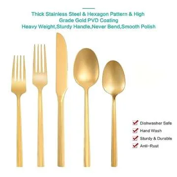 Flatasy Silverware Set Gold Brass Heavy Vintage Flatware 20 Pieces Hexagon Handle Stainless Steel Cutlery Set Spoons Forks and Knives Service for 4