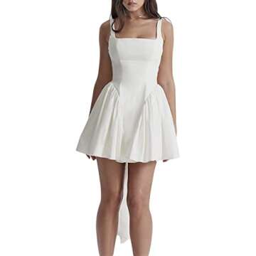 Women Summer Spaghetti Strap Going Out Mini Dress Square Neck Sleeveless Backless Swing Party Club Night Short Dress (White-B, S)