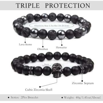Black Obsidian Triple Protection Bracelet - Unisex Skull Design with Natural Gemstones, Perfect Gift...