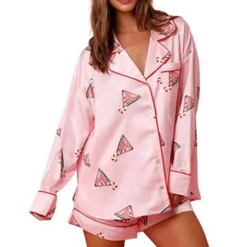 NJWTSDTZ Women Christmas Pajamas Cute Santa Claus Pjs Long Sleeve Button Down Shirt Pants 2 Piece Xm...