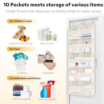 Over the Door Organizer 5 Tiers,Extra Large Behind Door Storage of 10 Compartments,50 lbs Weight Capacity Over the Door Storage, Door Hanging Organizer for Closet, Diaper Organizer, Toy Storage, Beige