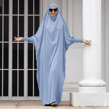 IDOPIP Muslim Abaya for Women One Piece Long Sleeve Islamic Prayer Dress with Hooded Hijab Jilbab Loose Full Length Maxi Kaftan Cover Dubai Robe Middle East Modest Prayer Clothes Blue One Size