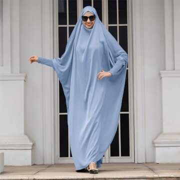IDOPIP Muslim Abaya for Women One Piece Long Sleeve Islamic Prayer Dress with Hooded Hijab Jilbab Loose Full Length Maxi Kaftan Cover Dubai Robe Middle East Modest Prayer Clothes Blue One Size