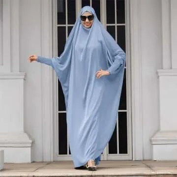 IDOPIP Muslim Abaya for Women One Piece Long Sleeve Islamic Prayer Dress with Hooded Hijab Jilbab Loose Full Length Maxi Kaftan Cover Dubai Robe Middle East Modest Prayer Clothes Blue One Size