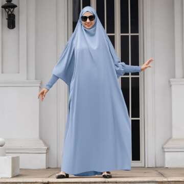 IDOPIP Muslim Abaya for Women One Piece Long Sleeve Islamic Prayer Dress with Hooded Hijab Jilbab Loose Full Length Maxi Kaftan Cover Dubai Robe Middle East Modest Prayer Clothes Blue One Size