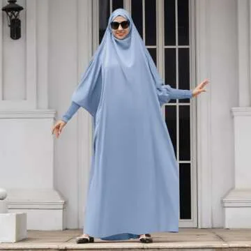 IDOPIP Muslim Abaya for Women One Piece Long Sleeve Islamic Prayer Dress with Hooded Hijab Jilbab Loose Full Length Maxi Kaftan Cover Dubai Robe Middle East Modest Prayer Clothes Blue One Size