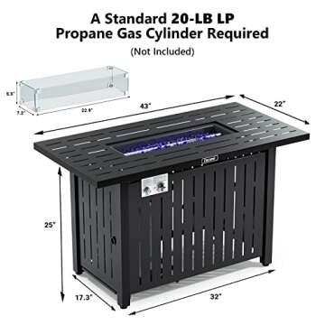 Cecarol 43in Glass Shield Outdoor Propane Gas Fire Pit Table Electronic Pulse Ignition w/Glass Rock, Waterproof Cover, 50,000 BTU CSA Certification for Outside Garden Patio Party (Black)