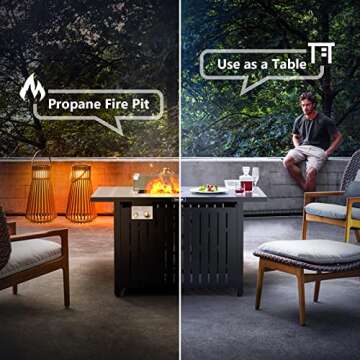 Cecarol 43in Glass Shield Outdoor Propane Gas Fire Pit Table Electronic Pulse Ignition w/Glass Rock, Waterproof Cover, 50,000 BTU CSA Certification for Outside Garden Patio Party (Black)