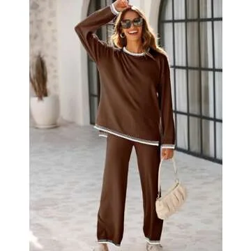 Tanming Women's Sweater Sets 2 Piece Outfits Knitted Pullover Jumper and Wide Leg Pants Tracksuit(DarkBrown-M)