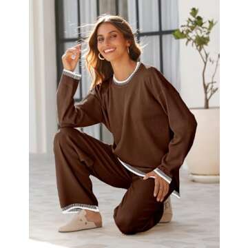 Tanming Women's Sweater Sets 2 Piece Outfits Knitted Pullover Jumper and Wide Leg Pants Tracksuit(DarkBrown-M)