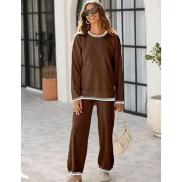 Tanming Women's Sweater Sets 2 Piece Outfits Knitted Pullover Jumper and Wide Leg Pants Tracksuit(DarkBrown-M)