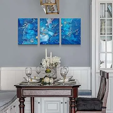 MHARTK66 Canvas Wall Art For Living Room Wall Decorations For Bedroom Modern Bathroom Wall Decor Painting Blue Abstract Pictures Artwork Inspirational Canvas Art Prints Kitchen Home Decor 3 Pieces