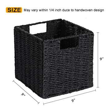 Vagusicc Wicker Basket, Set of 2 Woven Storage Baskets for Shelves, Foldable Cube Storage Basket Bins with Handles, 9 inch Small Storage Baskets for Organizing Pantry Bedroom, Black