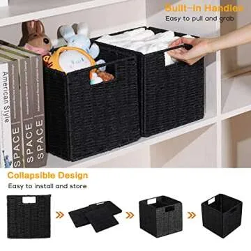 Vagusicc Wicker Basket, Set of 2 Woven Storage Baskets for Shelves, Foldable Cube Storage Basket Bins with Handles, 9 inch Small Storage Baskets for Organizing Pantry Bedroom, Black