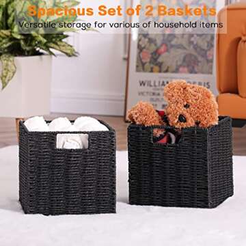 Vagusicc Wicker Basket, Set of 2 Woven Storage Baskets for Shelves, Foldable Cube Storage Basket Bins with Handles, 9 inch Small Storage Baskets for Organizing Pantry Bedroom, Black