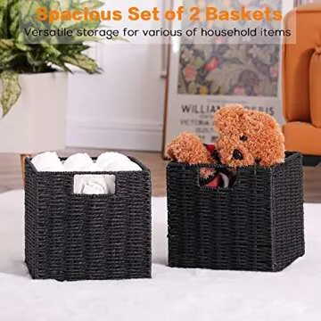 Vagusicc Wicker Basket, Set of 2 Woven Storage Baskets for Shelves, Foldable Cube Storage Basket Bins with Handles, 9 inch Small Storage Baskets for Organizing Pantry Bedroom, Black