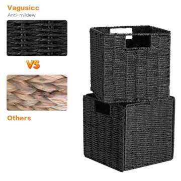 Vagusicc Wicker Basket, Set of 2 Woven Storage Baskets for Shelves, Foldable Cube Storage Basket Bins with Handles, 9 inch Small Storage Baskets for Organizing Pantry Bedroom, Black
