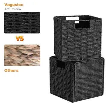 Vagusicc Wicker Basket, Set of 2 Woven Storage Baskets for Shelves, Foldable Cube Storage Basket Bins with Handles, 9 inch Small Storage Baskets for Organizing Pantry Bedroom, Black