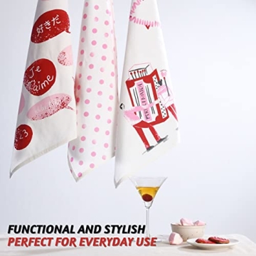 Folkulture Kitchen Towel with Hanging Loop, Set of 3-100% Cotton Dish Towels for Romantic Gifts, Boho Tea Towels or Hand Towels, Absorbent Dishcloths, 20 x 26 (Perfect Match)