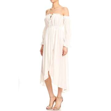 Anna-Kaci Womens Boho Long Sleeve Off Shoulder Renaissance Peasant Dress, Off-White, Medium