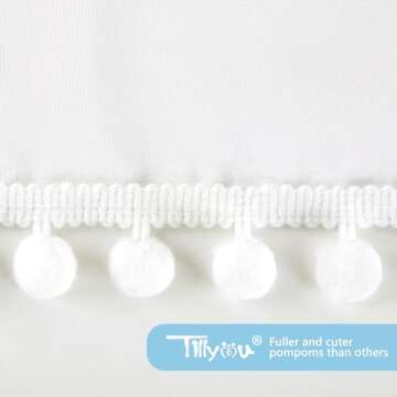 TILLYOU Ruffled Crib Skirt with Pompoms, Microfiber Nursery Crib Toddler Bedding Skirts for Baby Boys Girls, 14'' Drop, White