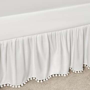 TILLYOU Ruffled Crib Skirt with Pompoms, Microfiber Nursery Crib Toddler Bedding Skirts for Baby Boys Girls, 14'' Drop, White