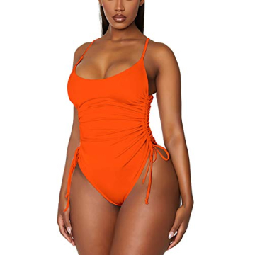 Viottiset Women's Ruched High Cut One Piece Backless Swimsuit in Orange