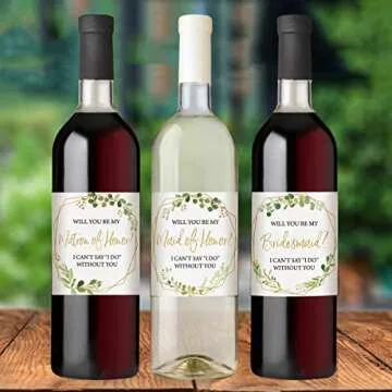 Printed Party Bridesmaid Proposal Wine Bottle Label Gift, Greenery, Set of 8