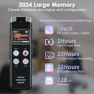 128GB Portable Digital Voice Recorder with Playback
