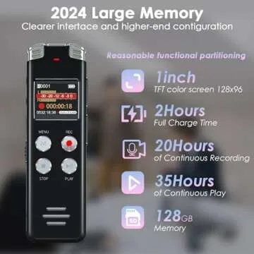 128GB Portable Digital Voice Recorder with Playback