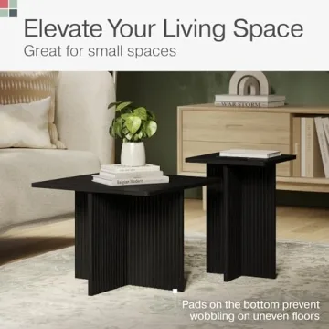 Stead Square Fluted Nesting Coffee Tables, 2 Piece Coffee Table Set, Modern Drink Desk for Living Room, Modern Home Decor, Solid Wood Base and Wood Grain Veneer Top (Black)
