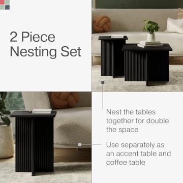 Stead Square Fluted Nesting Coffee Tables, 2 Piece Coffee Table Set, Modern Drink Desk for Living Room, Modern Home Decor, Solid Wood Base and Wood Grain Veneer Top (Black)