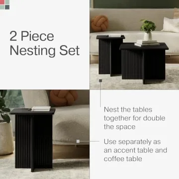 Stead Square Fluted Nesting Coffee Tables, 2 Piece Coffee Table Set, Modern Drink Desk for Living Room, Modern Home Decor, Solid Wood Base and Wood Grain Veneer Top (Black)