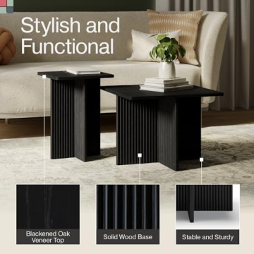 Stead Square Fluted Nesting Coffee Tables, 2 Piece Coffee Table Set, Modern Drink Desk for Living Room, Modern Home Decor, Solid Wood Base and Wood Grain Veneer Top (Black)