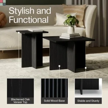 Stead Square Fluted Nesting Coffee Tables, 2 Piece Coffee Table Set, Modern Drink Desk for Living Room, Modern Home Decor, Solid Wood Base and Wood Grain Veneer Top (Black)
