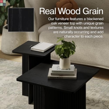 Stead Square Fluted Nesting Coffee Tables, 2 Piece Coffee Table Set, Modern Drink Desk for Living Room, Modern Home Decor, Solid Wood Base and Wood Grain Veneer Top (Black)