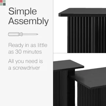 Stead Square Fluted Nesting Coffee Tables, 2 Piece Coffee Table Set, Modern Drink Desk for Living Room, Modern Home Decor, Solid Wood Base and Wood Grain Veneer Top (Black)