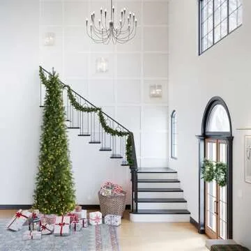 National Tree Company Pre-lit 'Feel Real' Artificial Giant Slim Downswept Christmas Tree, Green, Douglas Fir, Dual Color LED Lights, Includes PowerConnect and Stand, 12 feet