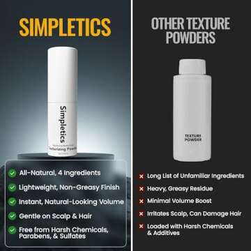 Simpletics Texturizing Powder - All Natural, 4 Ingredient Nourishing Formula with Rice Starch - Chemical Free - Gives Volumized, Texturized, Matte Finish to Men & Women