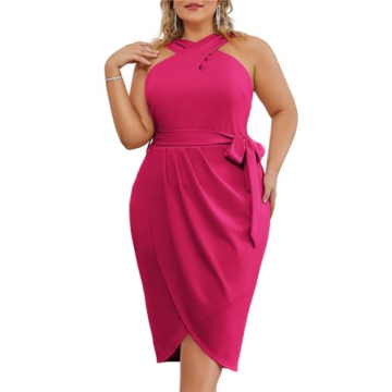 Hanna Nikole Plus Size Sun Dress Crossover Halterneck Neck Stretchy Casual Knit Dress with Zip Rose ...