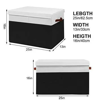 Large Toy Storage Box with Lid, Sturdy Toys Storage Chest Bin Organizer Basket with Dividers for Kids, Boys, Girls, Nursery, Closet, Bedroom, Playroom 25"x13" x16" (Black and White)