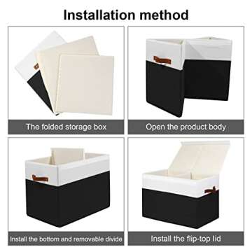 Large Toy Storage Box with Lid, Sturdy Toys Storage Chest Bin Organizer Basket with Dividers for Kids, Boys, Girls, Nursery, Closet, Bedroom, Playroom 25"x13" x16" (Black and White)