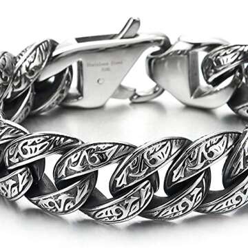 COOLSTEELANDBEYOND Mens Stainless Steel Vintage Fancy Curb Chain Bracelet with Tribal Tattoo Pattern...