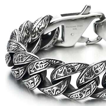 COOLSTEELANDBEYOND Mens Stainless Steel Vintage Fancy Curb Chain Bracelet with Tribal Tattoo Pattern, Retro Style, 8 inches